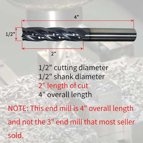 Side view of 1/2 in carbide end mill, 4-flute, AlTiN-coated; 4 in overall length, 2 in length of cut