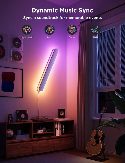 Straight Up Versatile Smart Wall Sconces Featuring Hella Bright RGBICW Led Bulbs Totally Customizable 16 Million Colors And Game Changing Matter App Control Low Key Chic Accent Lighting For Any Vibe Set Of Two Pieces in modern living room with music sync lighting.
