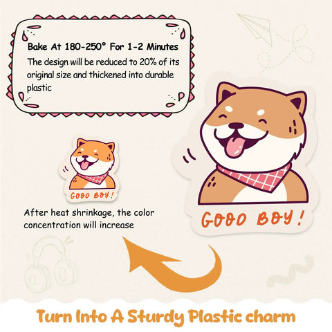 Illustration of a dog design for a shrink paper kit for kids complete craft set with 150 pcs sheets 130 pcs keychains and 100 open irons.