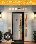Dusk To Dawn Outdoor Light With GFCI Outlet Bubble Glass Exterior Wall Mount Fixture beside a front door at night
