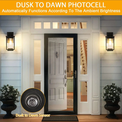 Dusk To Dawn Outdoor Light With GFCI Outlet Bubble Glass Exterior Wall Mount Fixture beside a front door at night