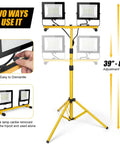 Super Bright 21000 Lumen LED Work Lights On Stand With Two Heads Portable Tripod Work Light For Outdoor And Indoor Job Sites IP66 Waterproof Heavy Duty Garage Workshop Construction Site Lighting showing adjustable height and disassembly feature.