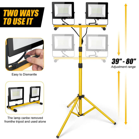 Super Bright 21000 Lumen LED Work Lights On Stand With Two Heads Portable Tripod Work Light For Outdoor And Indoor Job Sites IP66 Waterproof Heavy Duty Garage Workshop Construction Site Lighting showing adjustable height and disassembly feature.
