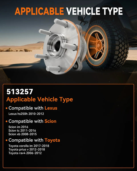 Front Wheel Bearing Hub Assembly 5 Lug With Encoder ABS Ready To Roll, shown with tire for Lexus, Scion, Toyota models.