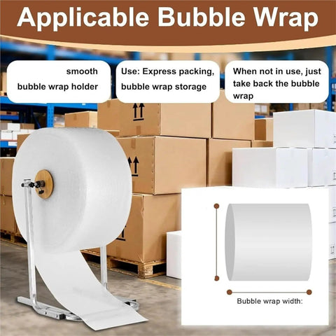 Adjustable Shipping Station Stand Tabletop Bubble Wrap Dispenser Metal Cushioning Film Rack with large bubble wrap roll for shipping.