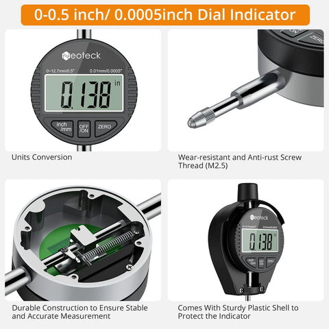 Front view of Neoteck digital bore gauge set, 2-6 in range, self-centering dial, black