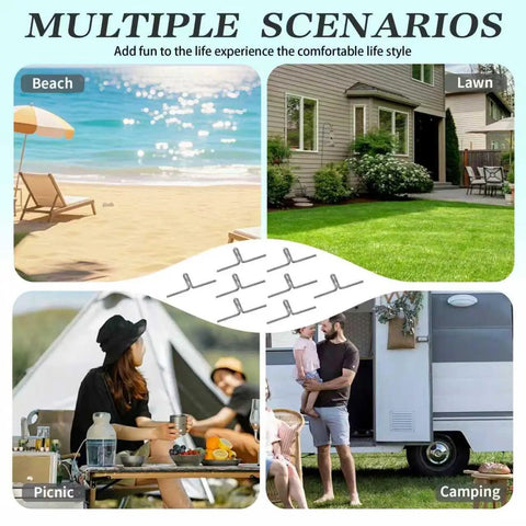 Heavy Duty Lawn Chair Webbing Clips Set, 100 Piece Galvanized Steel Clips displayed with outdoor scenes of beach, lawn, picnic, camping