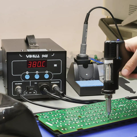 Two In One ESD Safe Desoldering Station 80W And 60W Soldering Iron With Desoldering Gun Digital Temperature Control on circuit board