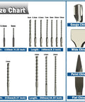 Go To 17 Piece SDS Plus Drill And Chisel Set For Concrete And Masonry, size chart showing drill bit and chisel sizes.