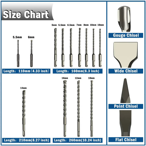 Go To 17 Piece SDS Plus Drill And Chisel Set For Concrete And Masonry, size chart showing drill bit and chisel sizes.