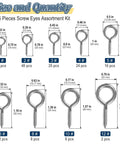 Hard As Nails Eye Hooks And Screw Eyes Assortment Kit With 195 Silver Finished Eyelet Screws, various sizes from 0.33 to 1.75 inches.