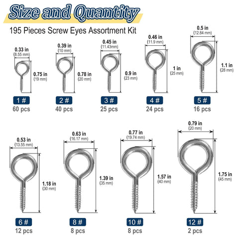 Hard As Nails Eye Hooks And Screw Eyes Assortment Kit With 195 Silver Finished Eyelet Screws, various sizes from 0.33 to 1.75 inches.