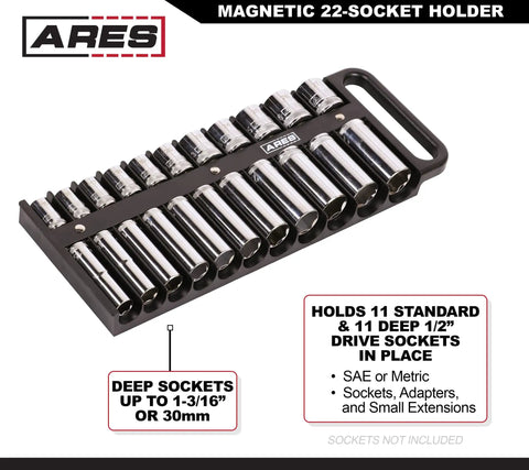 Magnetic Socket Holder Set 3-Piece Black 1/4 Inch 3/8 Inch and 1/2 Inch Drive Organizers holding 22 sockets in toolbox
