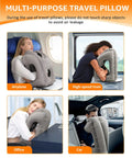Four scenes showing Inflatable Travel Neck Pillow With Eye Mask And Ear Plugs, used in airplane, high-speed train, office, and car.