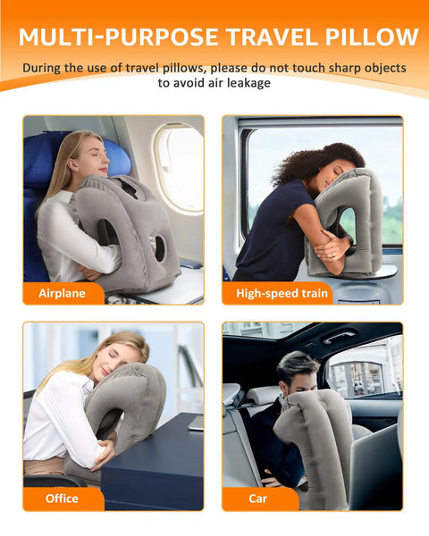 Four scenes showing Inflatable Travel Neck Pillow With Eye Mask And Ear Plugs, used in airplane, high-speed train, office, and car.