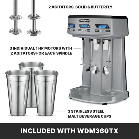 Beefy Workhorse Triple Spindle Drink Mixer With Independent 1 HP Motors Countdown Timer Digital Display Automatic Start Stop 120 Volt NSF Certified Silver Pro with cups and agitators.