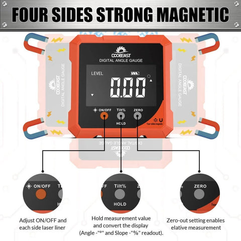 Top view of Pro Grade Digital Angle Finder With Laser Four Side Magnetic Digital Angle Gauge showing controls and display.