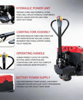 Heavy Duty Electric Pallet Jack 6600 Lb Capacity Warehouse Material Handler with hydraulic power unit and ergonomic operating handle.