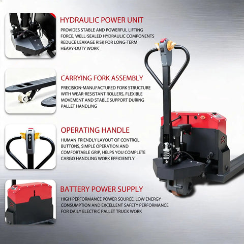 Heavy Duty Electric Pallet Jack 6600 Lb Capacity Warehouse Material Handler with hydraulic power unit and ergonomic operating handle.