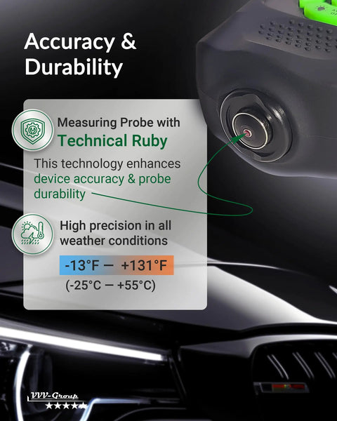 Auto Paint Thickness Gauge For Car Panels CM-206X Coating Meter With 0 To 59.1 Mils Range And 0.001 Mil Resolution Fe NFe Zn Auto Detection Ruby Probe Great For Door Hood Roof And Quarter Panel Inspections on black car panel