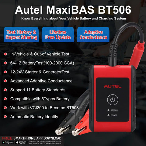 BT506 Car Battery Tester With Adaptive Conductance For 6V And 12V Batteries, Reads 100-2000CCA And Tests Flooded, AGM, AGM Spiral, EFB And GEL Packs, Plug-And-Play Go-To Tool For CCA, CA, SAE, EN, IEC, DIN Standards, Fast Accurate Diagnostics. Red handheld unit with clamps
