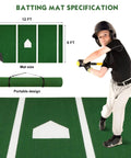 Child batting on 12 X 6 Ft Baseball Softball Batting Mat With Inlaid Home Plate And 5 mm Non Slip Backing, green turf mat specification.