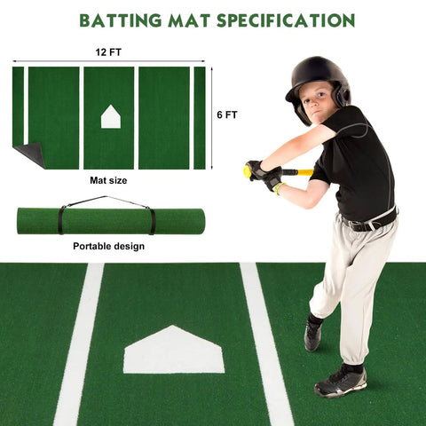 Child batting on 12 X 6 Ft Baseball Softball Batting Mat With Inlaid Home Plate And 5 mm Non Slip Backing, green turf mat specification.