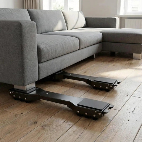 Heavy Duty 2 Pack Furniture Dolly With Sturdy Carbon Steel Build and Thick Rubber Pads for easy appliance moving under a sofa.