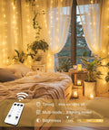 300 LED Curtain Lights With Remote Control for Indoor Outdoor Use Warm White Fairy String Lights in cozy bedroom setting
