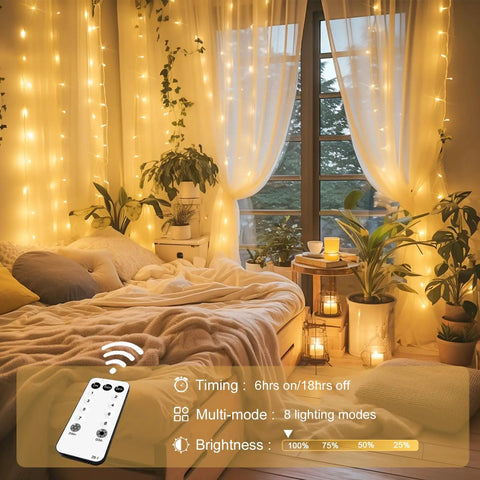 300 LED Curtain Lights With Remote Control for Indoor Outdoor Use Warm White Fairy String Lights in cozy bedroom setting