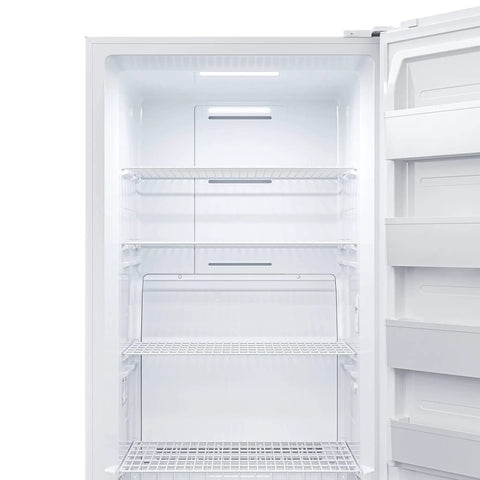 Interior view of Total Game Changer 17 Cu Foot Convertible Upright Freezer And Fridge with LED lighting and wire racks.
