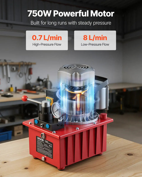 Beefed Up Electric Hydraulic Pump Power Pack 750W 120V 10000 PSI Max 8 LPM Flow Double Acting Unit with manual valve.