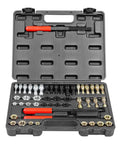 Front view of 49-piece thread chaser set in a black plastic case with assorted taps, dies and red-handled tools.