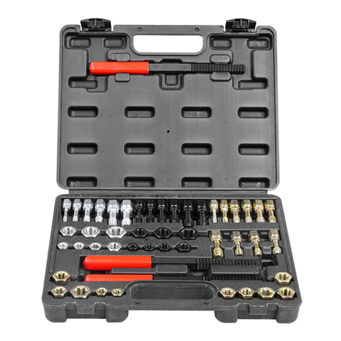 Front view of 49-piece thread chaser set in a black plastic case with assorted taps, dies and red-handled tools.