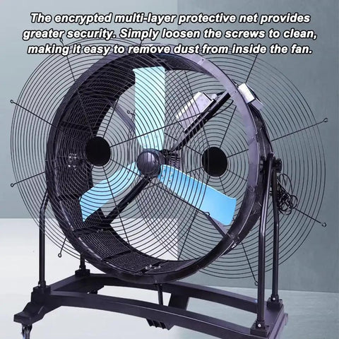 Premium 220V Heavy Duty Floor Fan With 92 Cm Wide Diameter And Tough As Nails Steel Build showing blue blades and protective net.