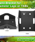 Five Pack Treehouse Brackets For 1.25 Inch Diameter Lag Tabs Heavy Duty Steel Construction For Outdoor Decks, Platforms, And Elevated Terraces With Strong Load Bearing, Weather Resistant And Easy Install. Black steel bracket with 1.25in opening and measured holes