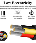 Diagram showing 16 Gauge 3 Conductor Electrical Wire 49.2 Feet Long Ultra Flexible Low Voltage Cable With 3 Pin Black PVC Jacket Tinned Copper Stranded 16 AWG Go To Flexible Extension Cord For LED Lighting And Automotive Wiring cross-section with features emphasizing low eccentricity and safety notes.