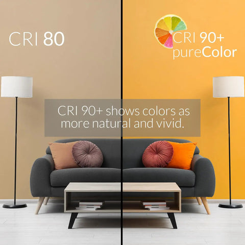 Comparison of CRI 80 vs CRI 90+ lighting effect on a living room with A19 Dimmable Smart Bulb With 800 Lumens CRI 90 Plus 16 Million Colors.