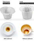 Comparison of 760 Count Disposable Coffee Filters For Keurig Coffee Makers showing handmade vs machine-made filters with and without sediment.