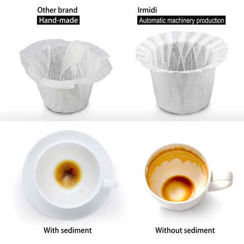 Comparison of 760 Count Disposable Coffee Filters For Keurig Coffee Makers showing handmade vs machine-made filters with and without sediment.
