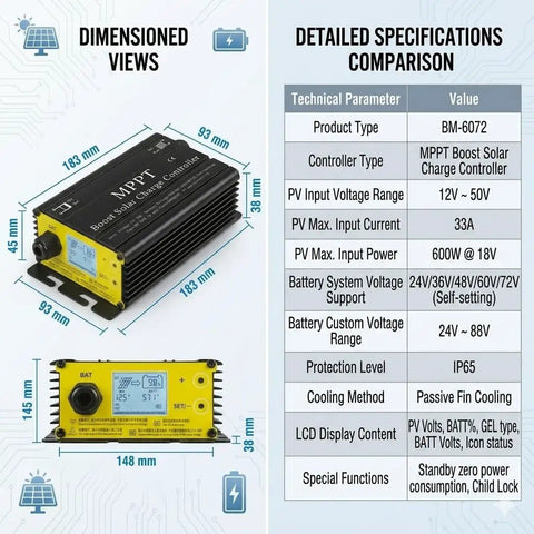 Beefy 600W MPPT Solar Charge Controller For 24V To 72V Batteries Boost Solar Charger With 12 To 55V Input LCD Display specifications guide.
