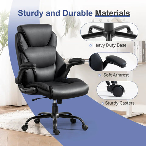 400 Lbs Capacity Big And Tall Leather Executive Office Chair With Padded Flip Up Armrests Cushy Comfort Heavy Duty Swivel Rolling Desk Chair For Home Office Black Durable Metal Base For Stability with detailed view of armrest and casters.
