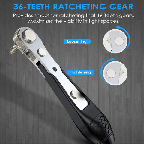 Compact Mini Ratchet Screwdriver Set With One Quarter Inch S2 Steel Bits showing 36-tooth reversible ratchet wrench detail