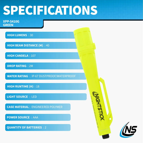 Intrinsically Safe Permissible Penlight Built Tough For Tactical And Outdoor Use, 30 Lumen Green Beam, 147mm Length