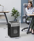 Two In One 300 Sheet Auto Feed Paper Shredder with 12 Sheet Manual Slot in office setting, black color, 20x16.2x14.4 inches.