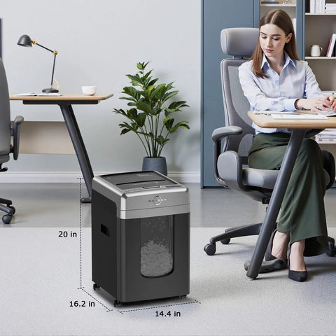 Two In One 300 Sheet Auto Feed Paper Shredder with 12 Sheet Manual Slot in office setting, black color, 20x16.2x14.4 inches.