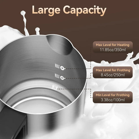 Barista Quality Milk Frother And Steamer 4 In 1 Electric Foam Maker With 24oz Detachable Stainless Jug capacity and spout.