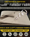Faraday Fabric Kit With Pro Grade Conductive Tape, 44 Inch Wide By 36 Inch Long shown with fabric and tape, shielding icons