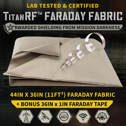 Faraday Fabric Kit With Pro Grade Conductive Tape, 44 Inch Wide By 36 Inch Long shown with fabric and tape, shielding icons