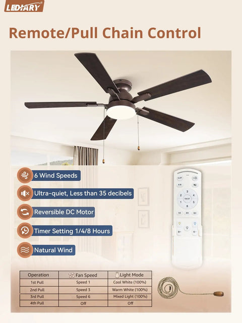 LEDIARY 52inch Ceiling Fans with Light Pull Chain and Remote Control Brown with 5 blades in living room setting.